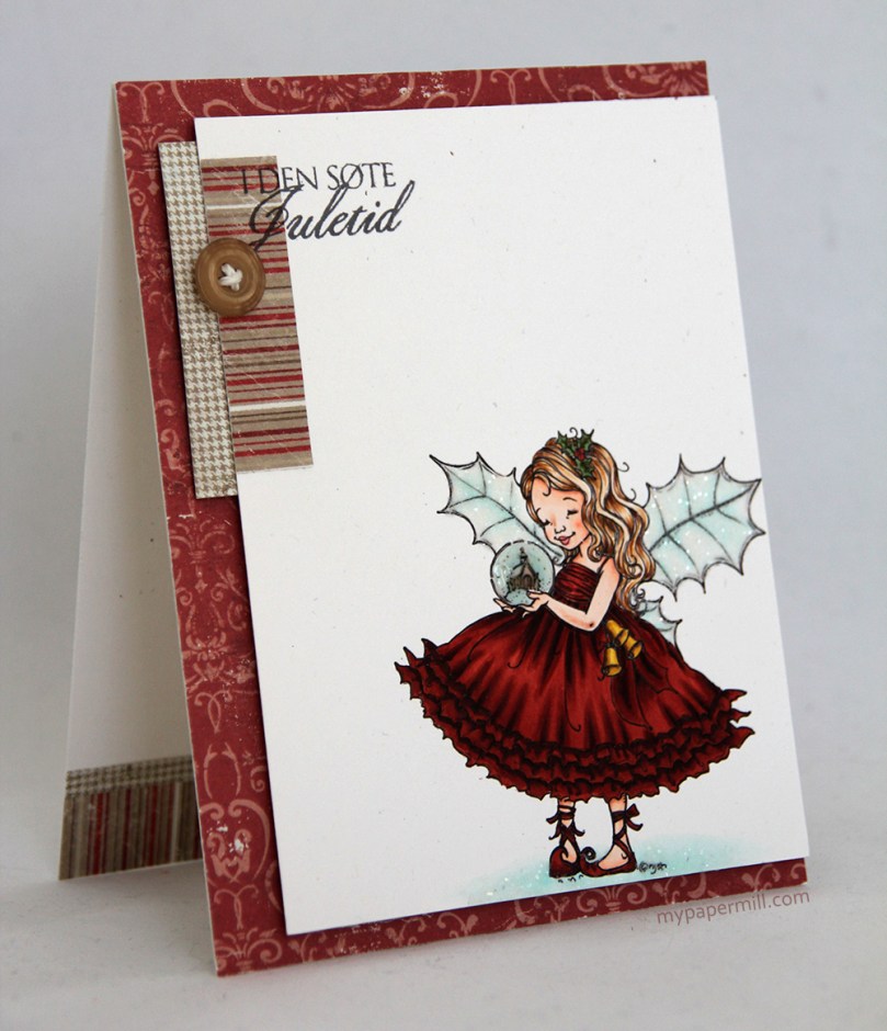 rødt C&S julekort Mo Manning Winter Fairy Holly skrått