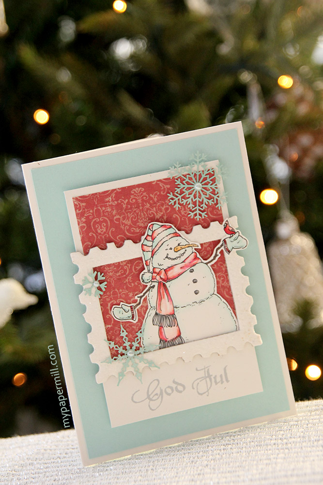 rødt snømannkort skrått front