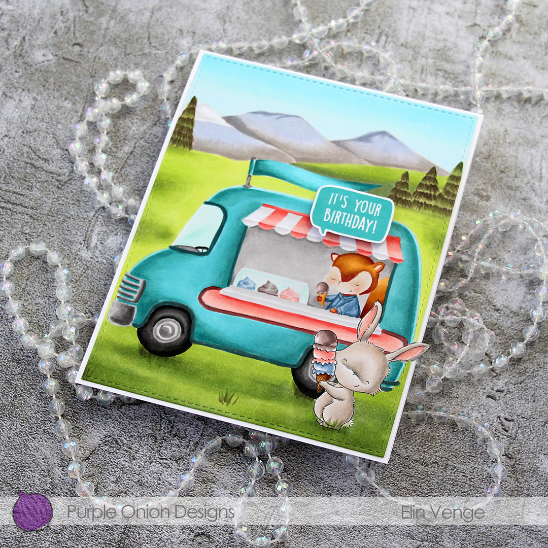 Elin Venge - Marigold and Ice Cream Truck and Mountains birthday card flatlay right