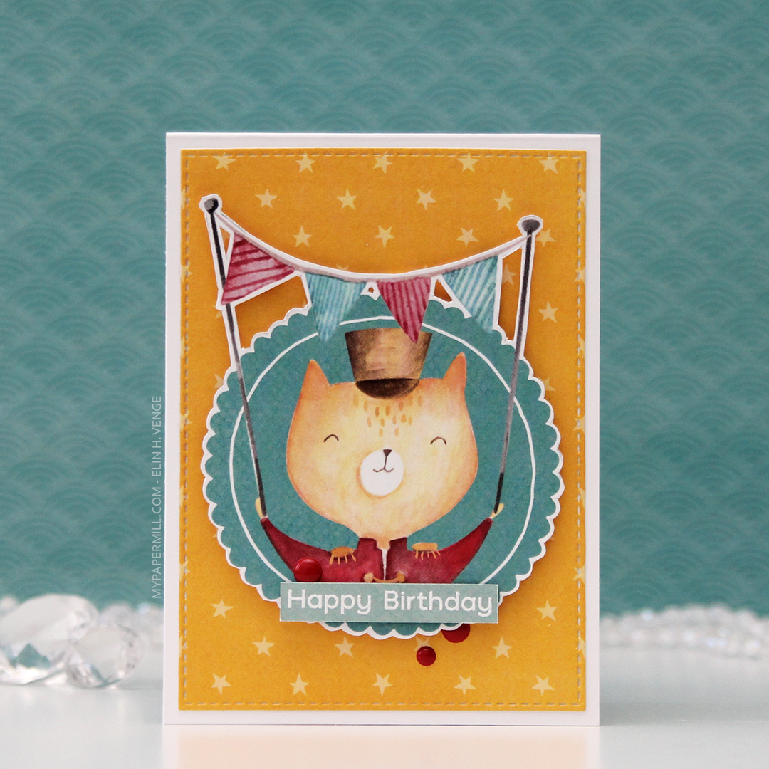 HK P13 Happy Birthday katt tiger med vimpler front