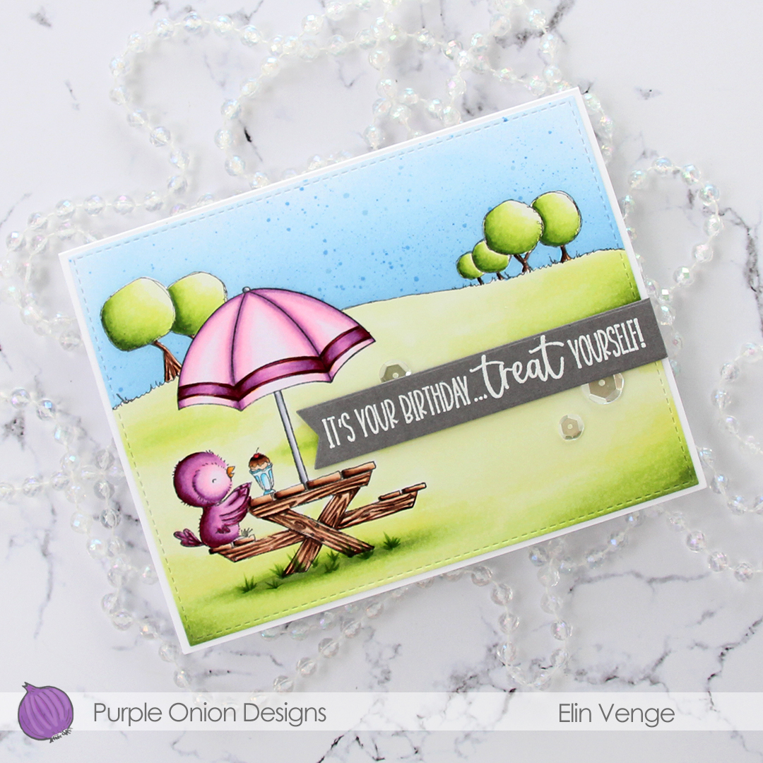 Purple Onion Designs - Elin Venge - Juliet Tree Line Horizon Sunshiny Sentiment set flatlay angled